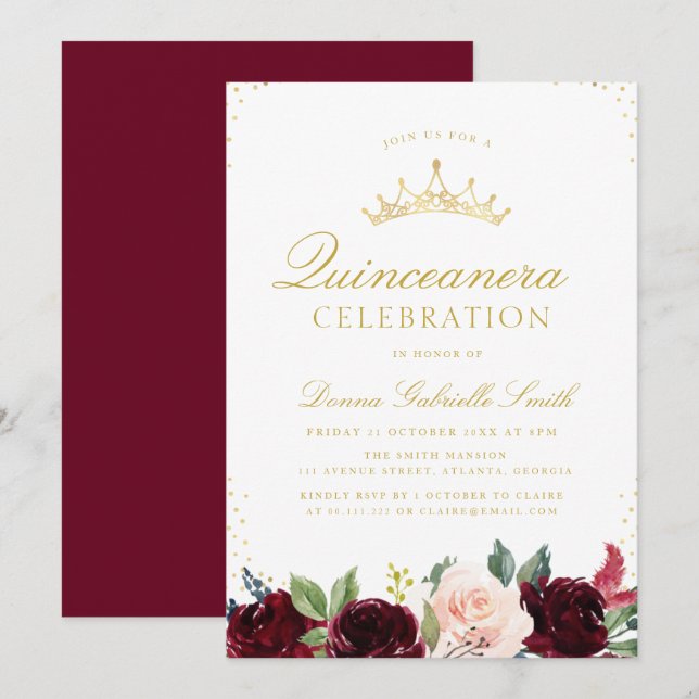elegante invitación floral Quinceanera (Anverso / Reverso)