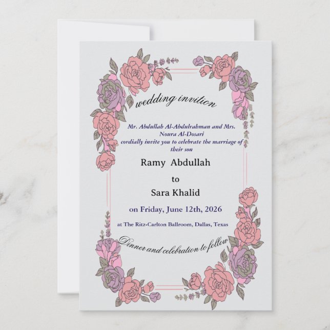 Elegante Invitación Floral Rosa Púrpura de Rosa (Anverso)