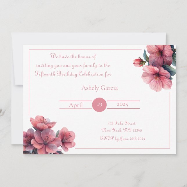 Elegante invitación floral rosa - Todos los evento (Anverso)