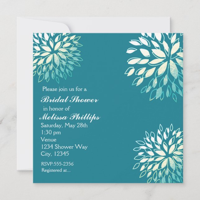Elegante Invitación floral turquesa Verde azulada  (Anverso)
