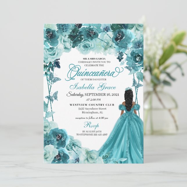 Elegante invitación floral Verde azulada Quinceane (Anverso de pie)
