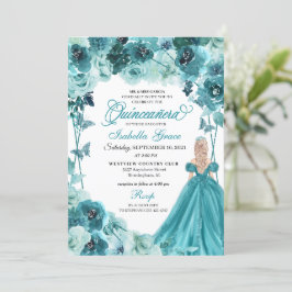 Elegante invitación floral Verde azulada Quinceane