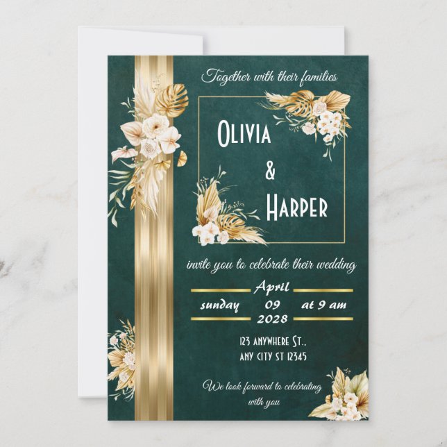 Elegante Invitación floral verde y dorada (Anverso)