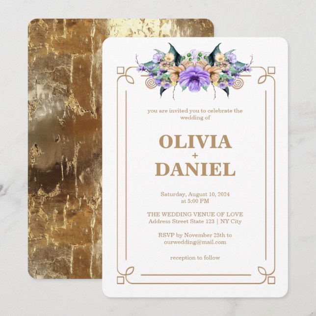 Elegante Invitación Floral Y Boda De Oro (Anverso / Reverso)