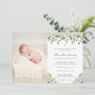 Elegante invitación floral y fotocatólica al bauti
