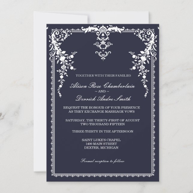 Elegante invitación formal a la boda, azul marino (Anverso)