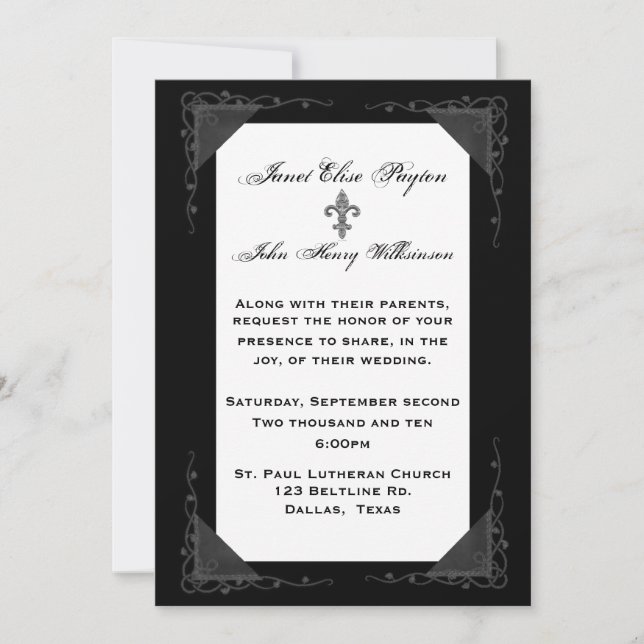Elegante invitación formal a la boda blanca y negr (Anverso)