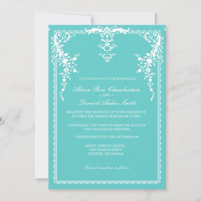 Elegante invitación formal de boda azul (Anverso)