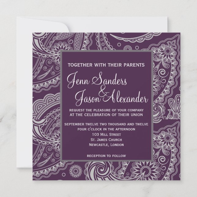 Elegante invitación formal de matrimonio Paisley (Anverso)