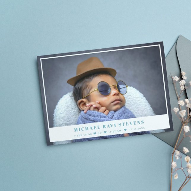 Elegante Invitación fotográfica de bebé azul blanc (Subido por el creador)
