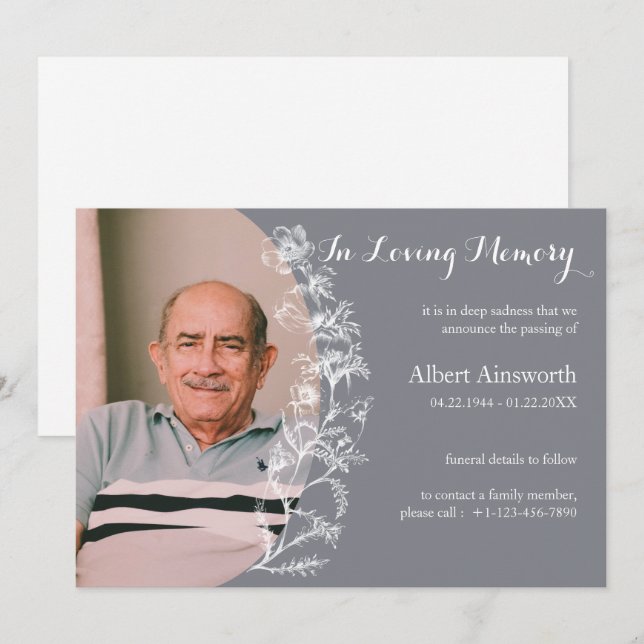 Elegante Invitación funeral floral gris (Anverso / Reverso)