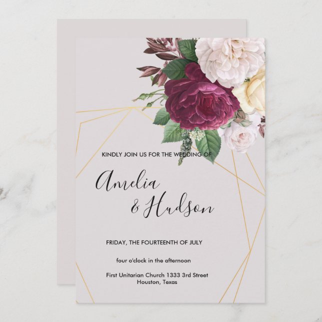 Elegante invitación geométrica de boda dorada (Anverso / Reverso)