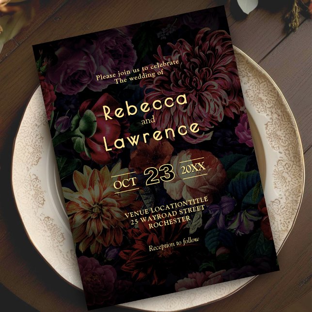 Elegante invitación gótica de boda floral moody (Subido por el creador)