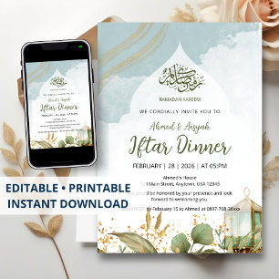 Elegante Invitación Iftar con Acuarela Hojas Dorad