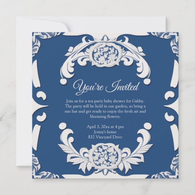 Elegante Invitación inglesa China azul y blanca (Anverso)