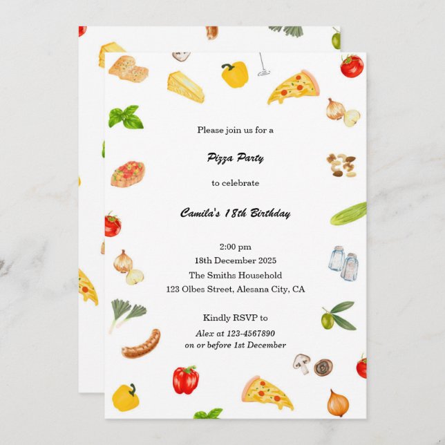 Elegante invitación italiana de cumpleaños Pizza m (Anverso / Reverso)
