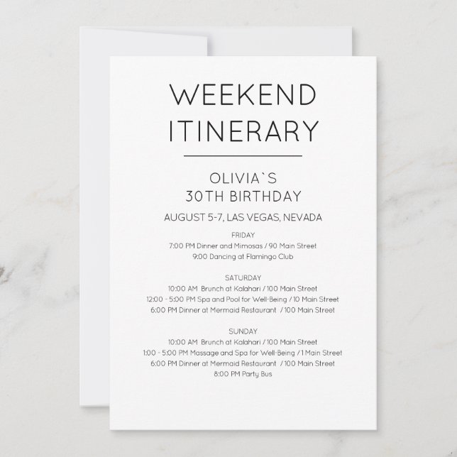 Elegante Invitación Itineraria de Cumpleaños de Fi (Anverso)