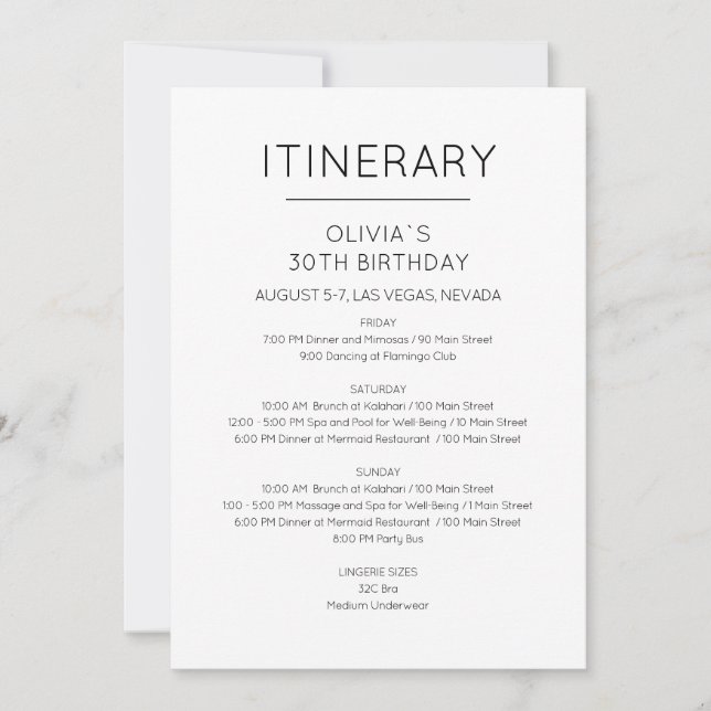 Elegante Invitación Itineraria de Cumpleaños de Fi (Anverso)