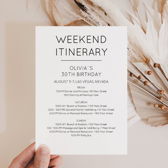 Elegante Invitación Itineraria de Cumpleaños de Fi (Minimalist Weekend Itinerary Card)