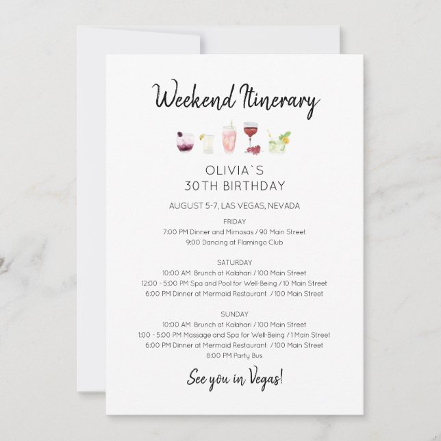 Elegante Invitación Itineraria de Cumpleaños de Fi (Anverso)