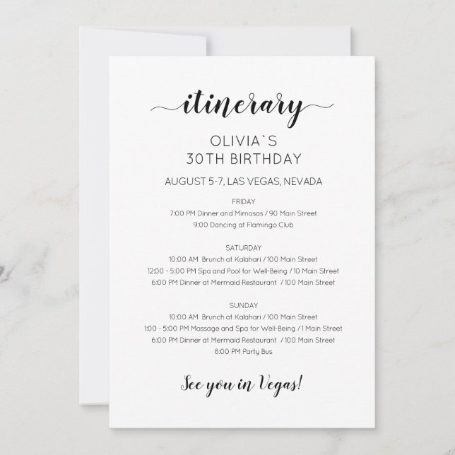 Elegante Invitación Itineraria de Cumpleaños de Fi (Anverso)