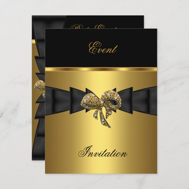 Elegante Invitación Jewel Black Gold Bow (Anverso / Reverso)