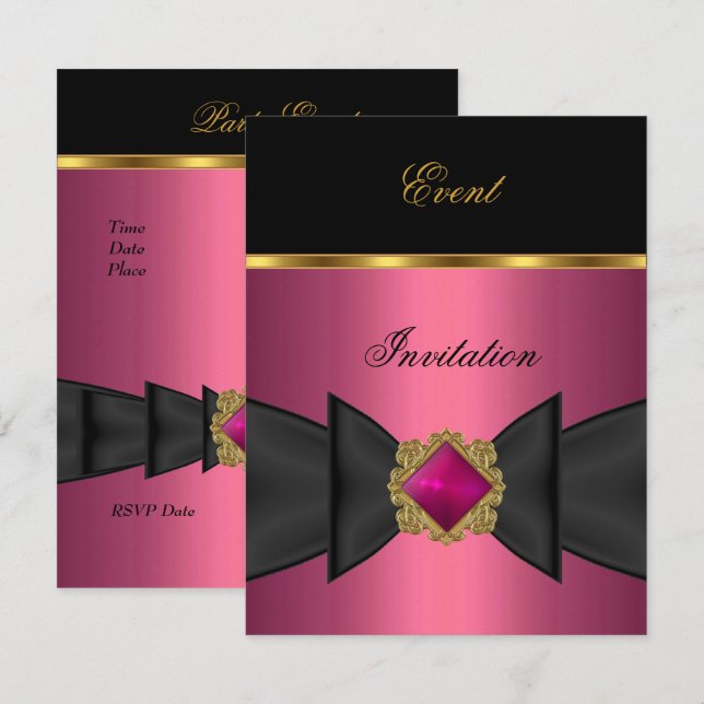Elegante Invitación Jewel de Oro Negro Rosa (Anverso / Reverso)