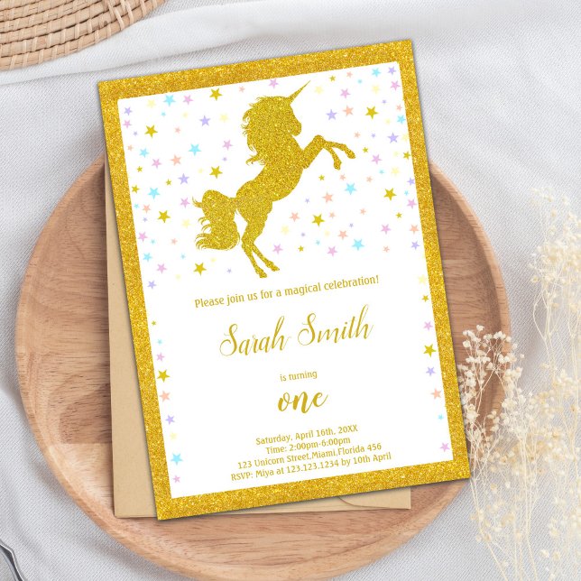 Elegante invitación mágica Fiesta con detalles esp (Golden Unicorn Birthday Invitations)