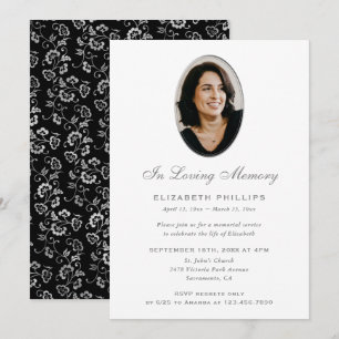 Elegante Invitación Memorial de Foto Floral Negra 