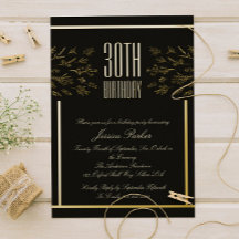 Elegante invitación mínima floral dorada y negra