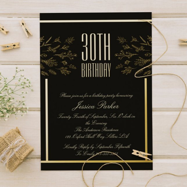 Elegante invitación mínima floral dorada y negra (Subido por el creador)