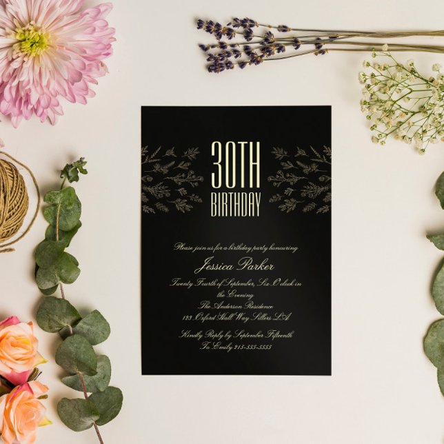 Elegante invitación mínima floral negra (Subido por el creador)