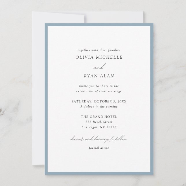 Elegante invitación Minimalista de una boda azul t (Anverso)