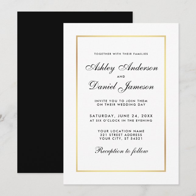 Elegante invitación moderna a la boda blanca y neg (Anverso / Reverso)