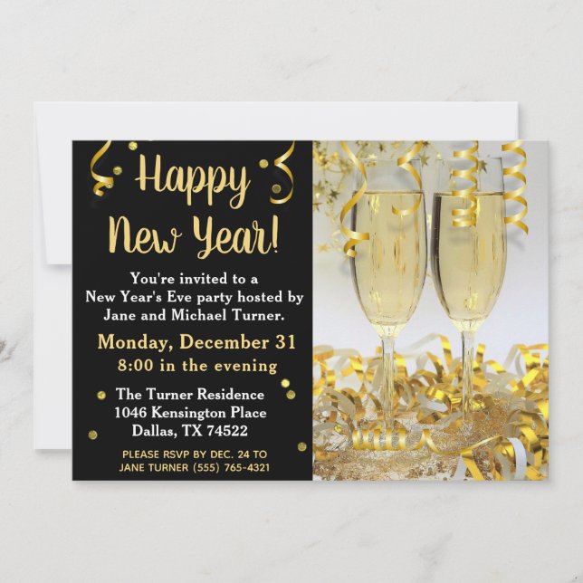 Elegante Invitación Moderna de Año Nuevo en Dorado (Anverso)