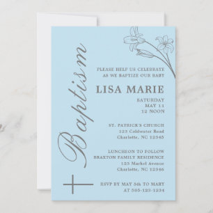 Elegante invitación moderna de bautismo azul para 