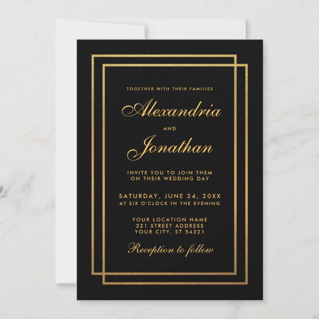 Elegante invitación moderna de la Boda de Oro Negr (Anverso)