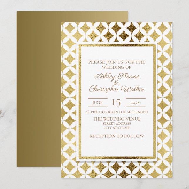 Elegante invitación moderna de oro y boda blanca (Anverso / Reverso)