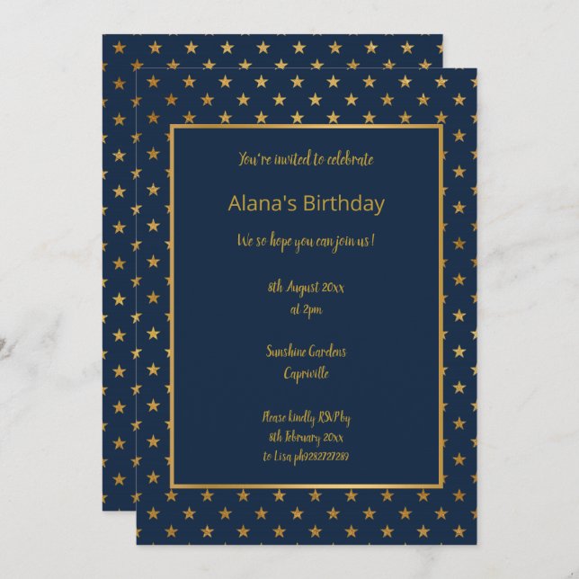 ELEGANTE INVITACIÓN MODERNA NAVY STAR GOLD (Anverso / Reverso)