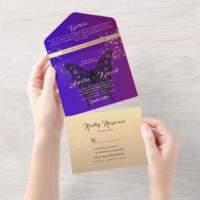 Elegante Invitación Morada de Boda Todo en Uno (desgarro)
