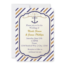 Elegante invitación náutica de ancla azul blanco y