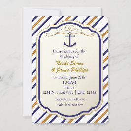Elegante invitación náutica de ancla azul blanco y