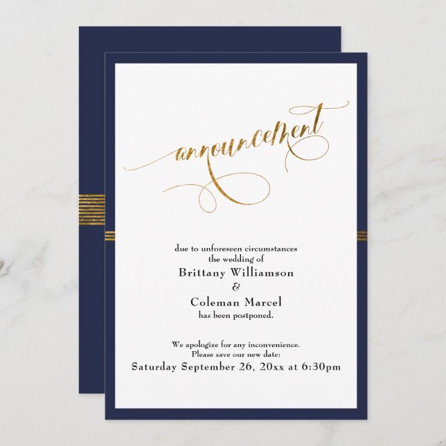 Elegante Invitación Navy y Tarjeta de banda de oro (Anverso / Reverso)