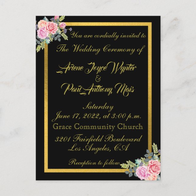 Elegante Invitación Negra y Oro (Anverso)