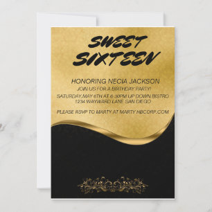 ELEGANTE INVITACIÓN NEGRA Y ORO DULCE 16º NACIMIEN