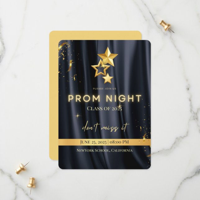 Elegante Invitación nocturna de prom negro y dorad (Anverso/Reverso In Situ)