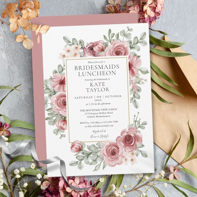 Elegante invitación para almuerzo de damas de hono (Elegant Dusty Rose Floral Bridesmaids Luncheon Invitation)