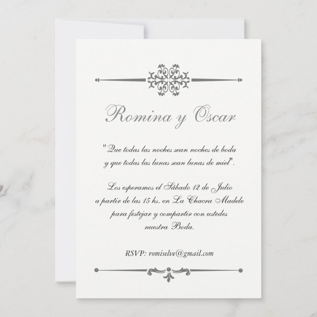 Elegante Invitación para bodas en Español. (Reverso)