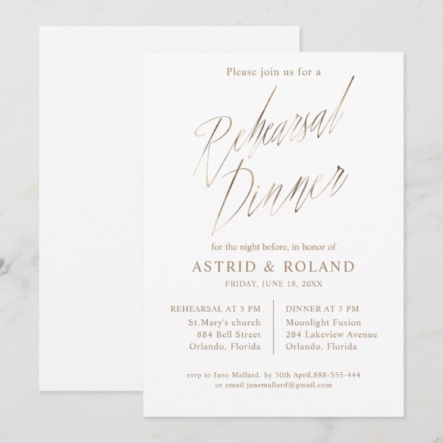 Elegante Invitación para Cena de Ensayo con Caligr (Anverso / Reverso)