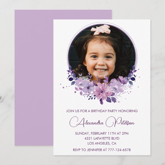 Elegante invitación para el 6º cumpleaños Foto Ele (Anverso / Reverso)